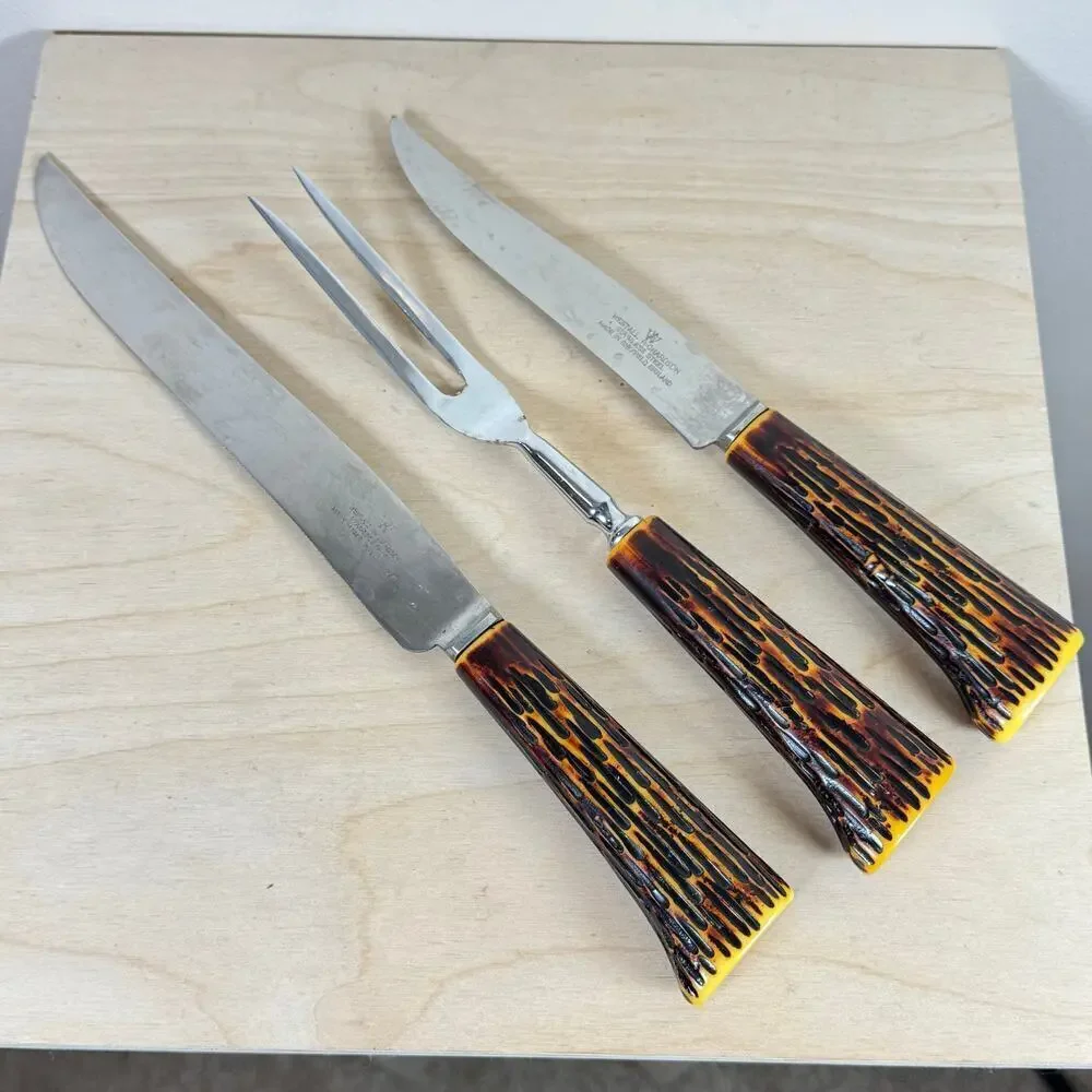 VTG Westall Richardson Sheffield England Carving Set 3 Bakelite Antler Handles